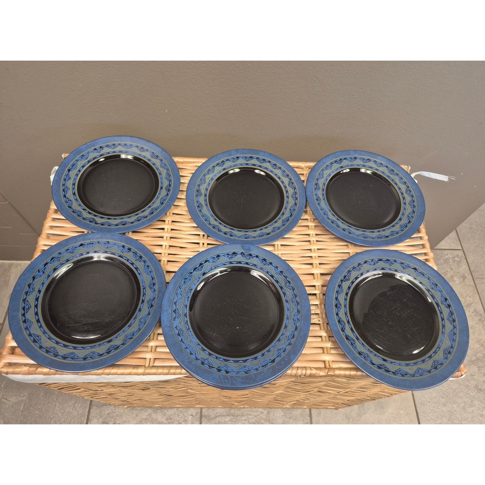 Arcoroc France Set 10 Blue Black Glass 8" Salad Dessert Plates Geometric Retro